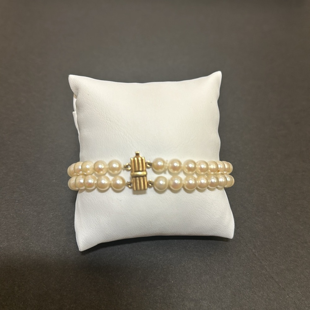 14K Double Pearl String Bracelet with Gold Bar Spacers